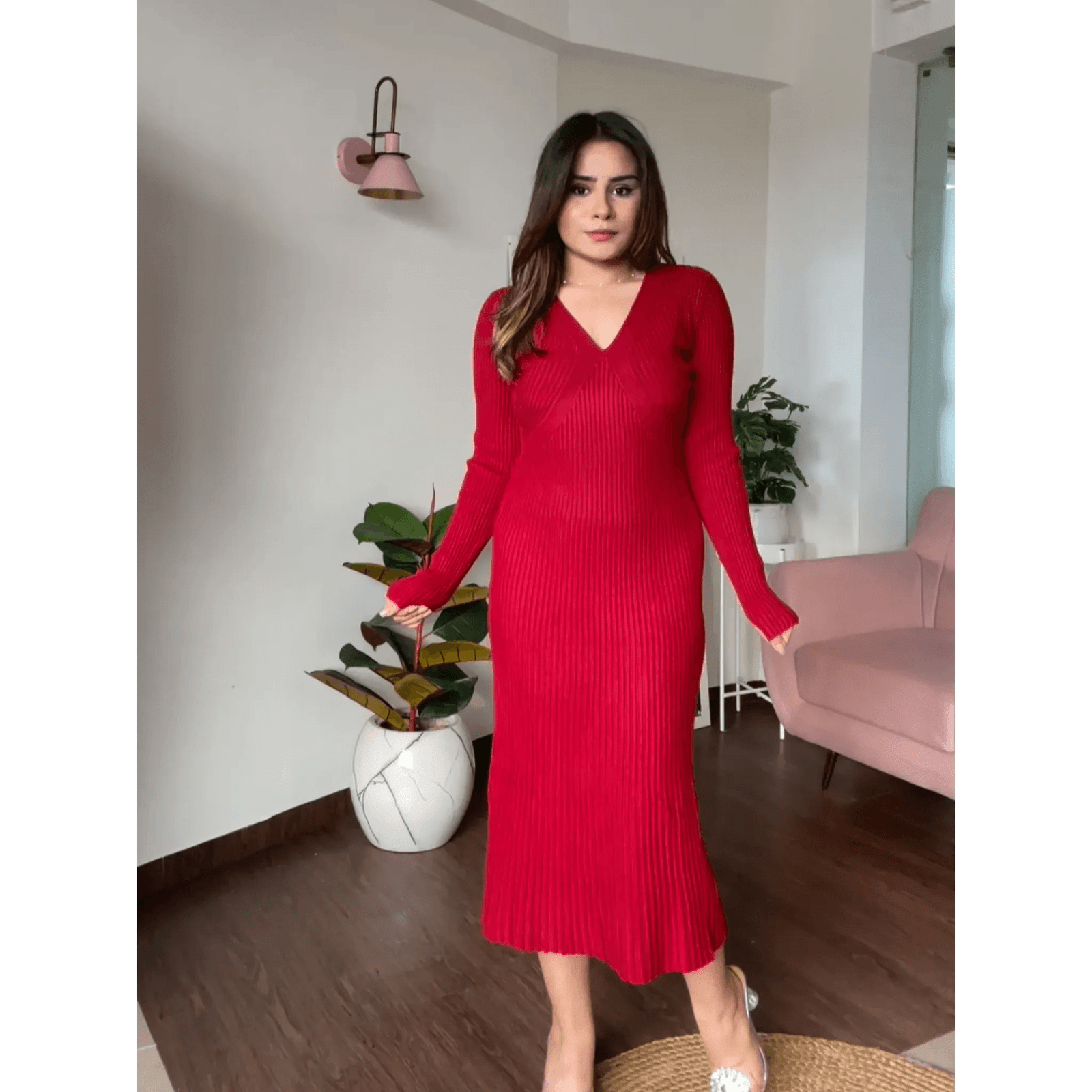 V-Neck Flared Midi Dress