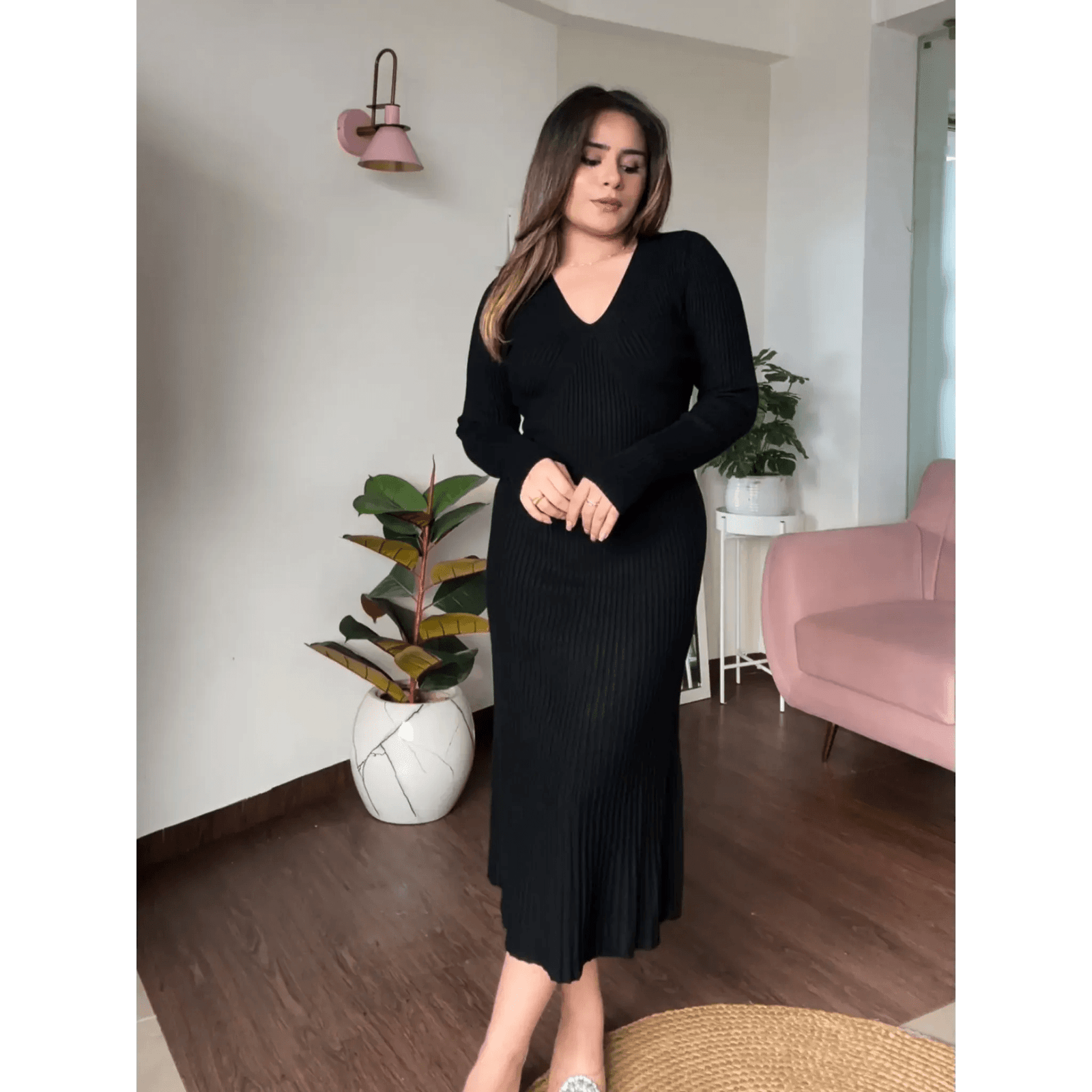 V-Neck Flared Midi Dress