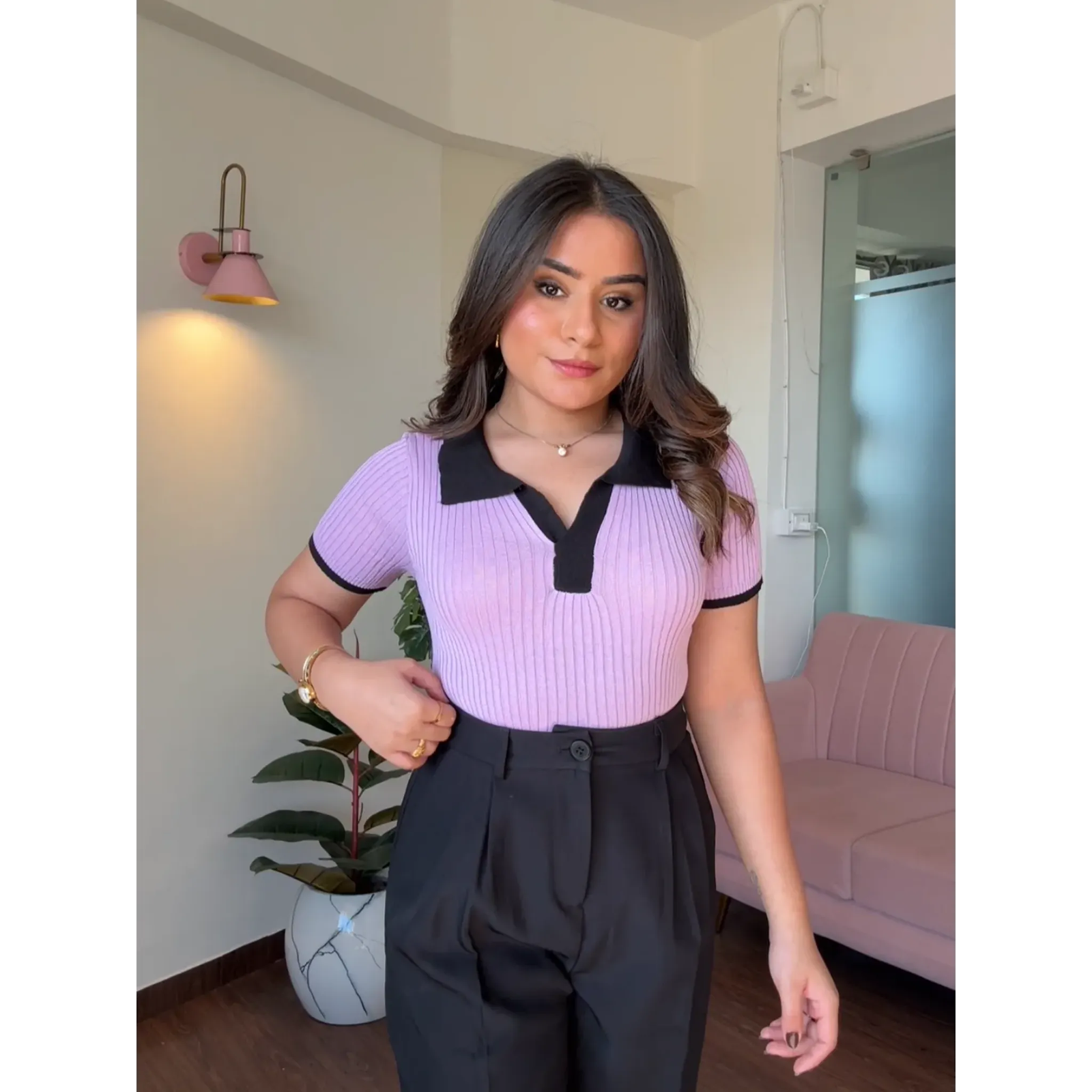 Contrast Collar Ribbed Bodycon Top