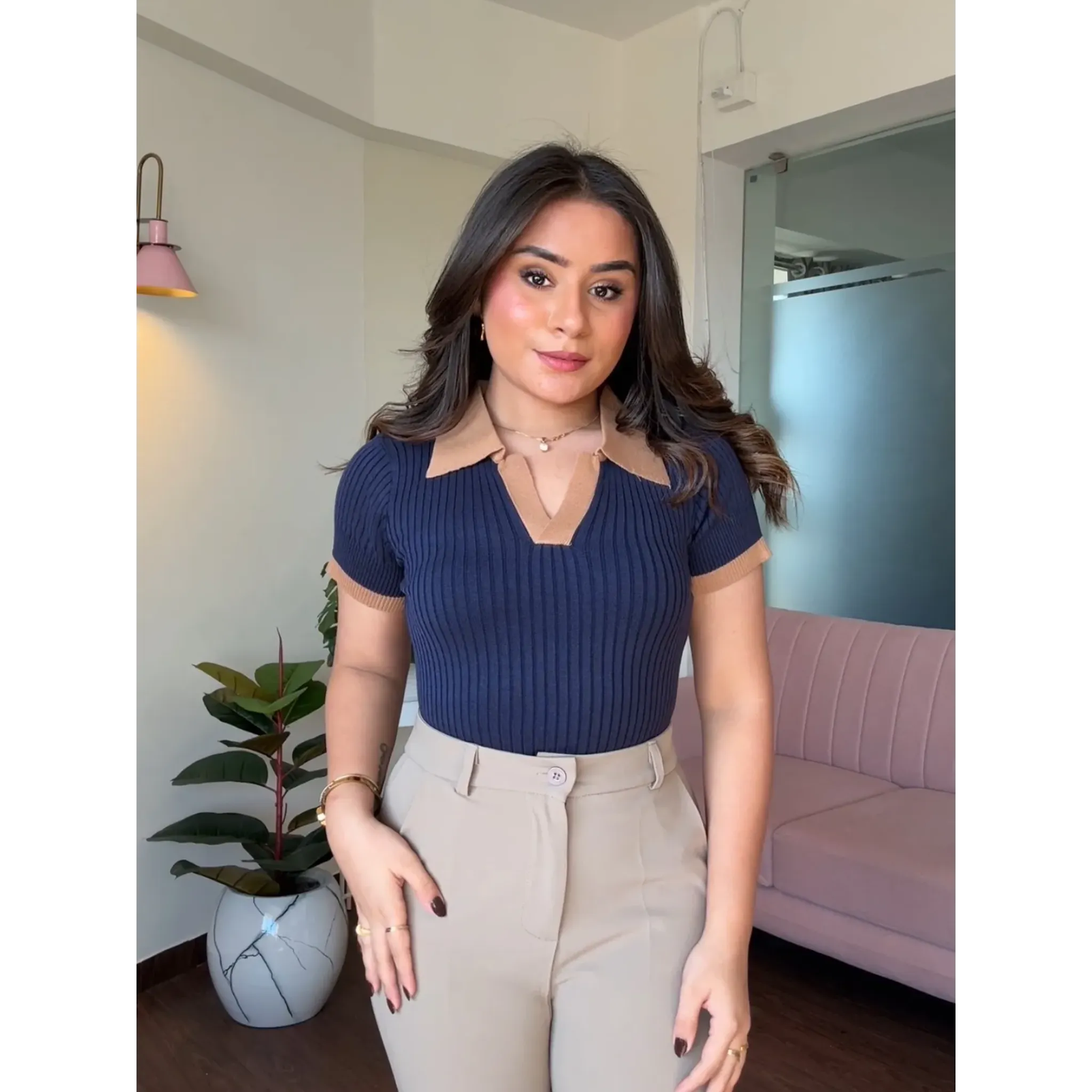 Contrast Collar Ribbed Bodycon Top