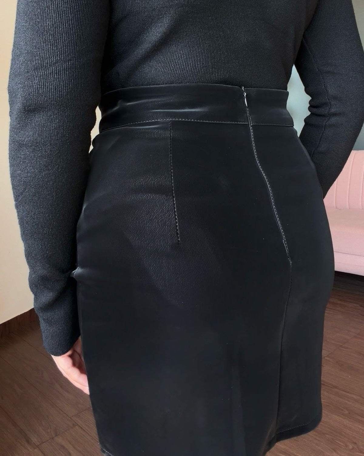 Classic Turtleneck Top & Ruched Matte Leather Skirt