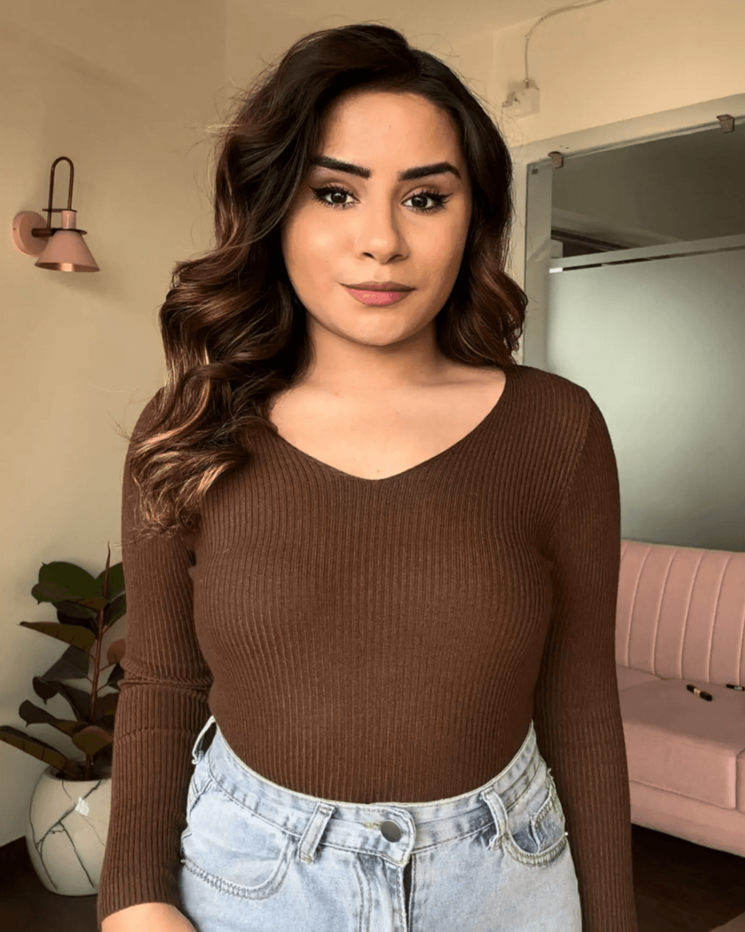 V Neck Ribbed Knitted Top