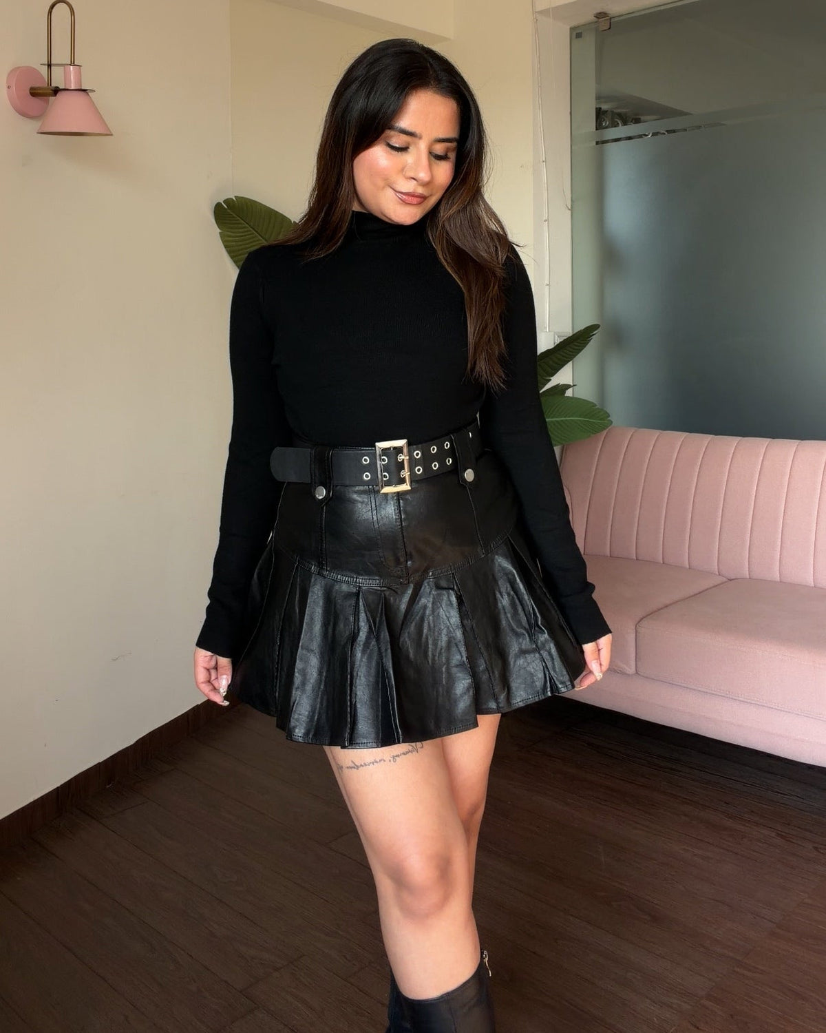 Leather Pleated Mini Skater Skirt With Belt