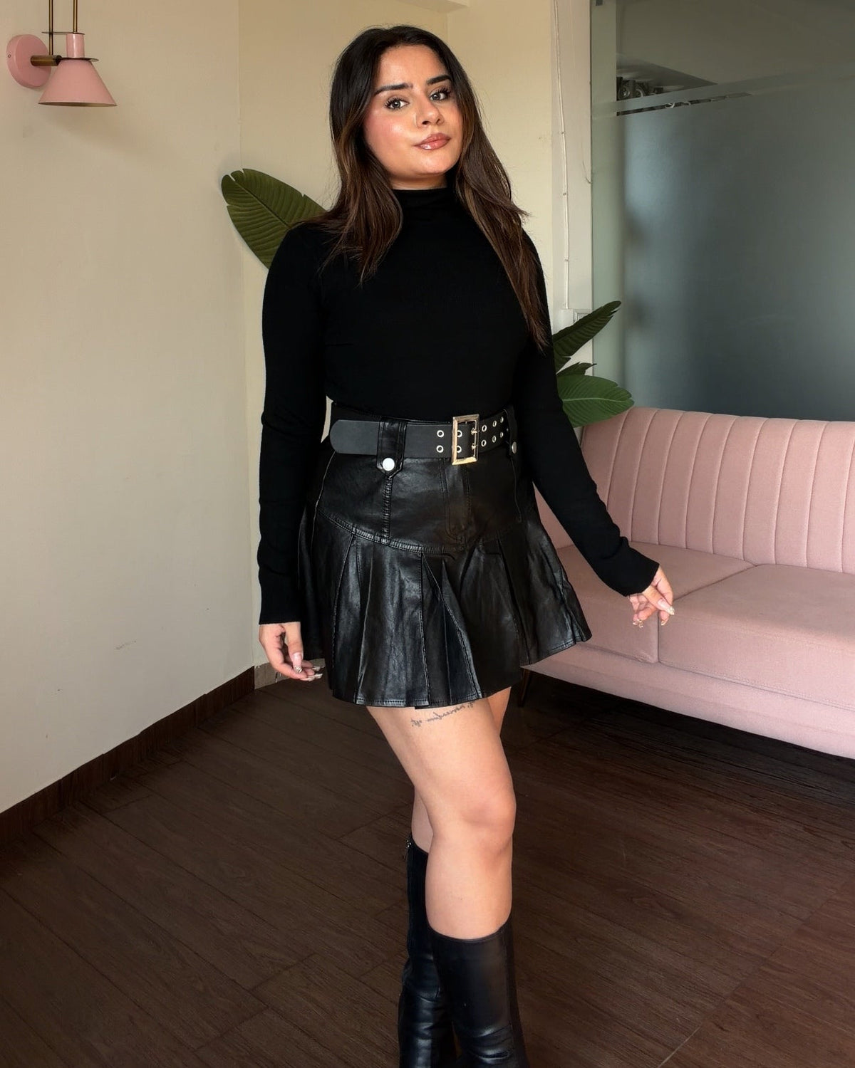 Leather Pleated Mini Skater Skirt With Belt