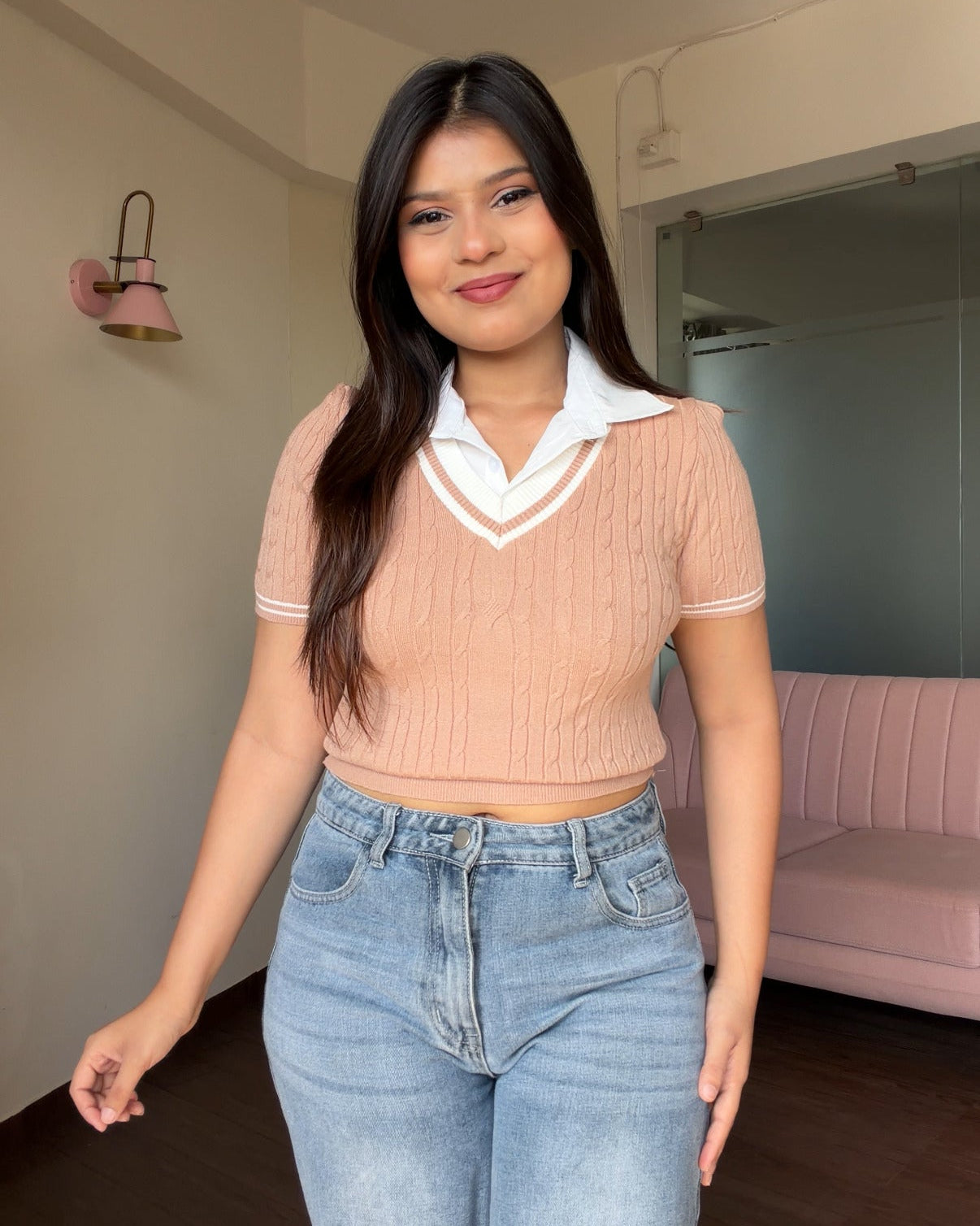 V Neck Textured Top With Attached Collar