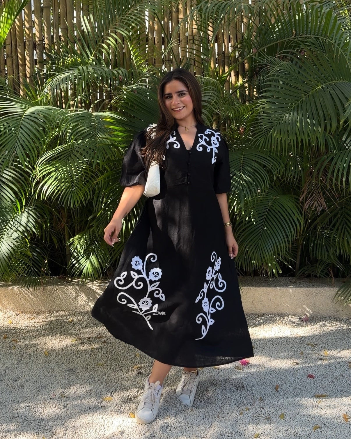 Contrast Embroidery V Neck Flowy Cotton Dress