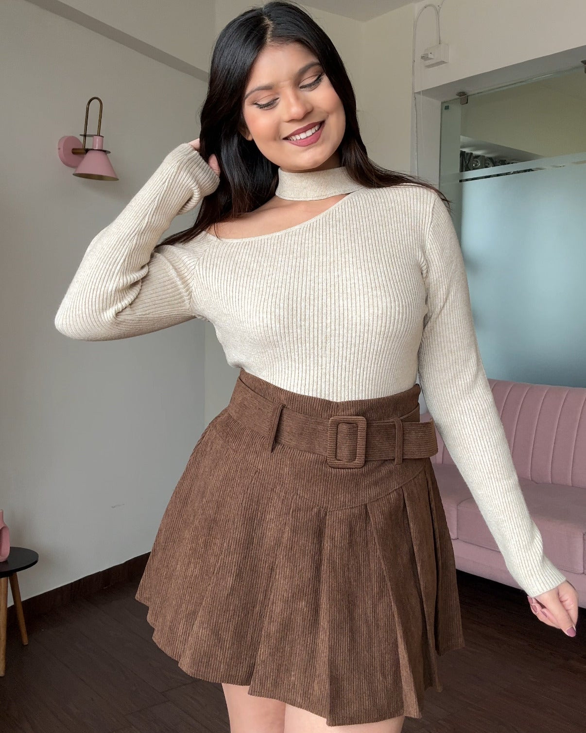 Neck Cut-Out Ribbed Knitted Sweater Top