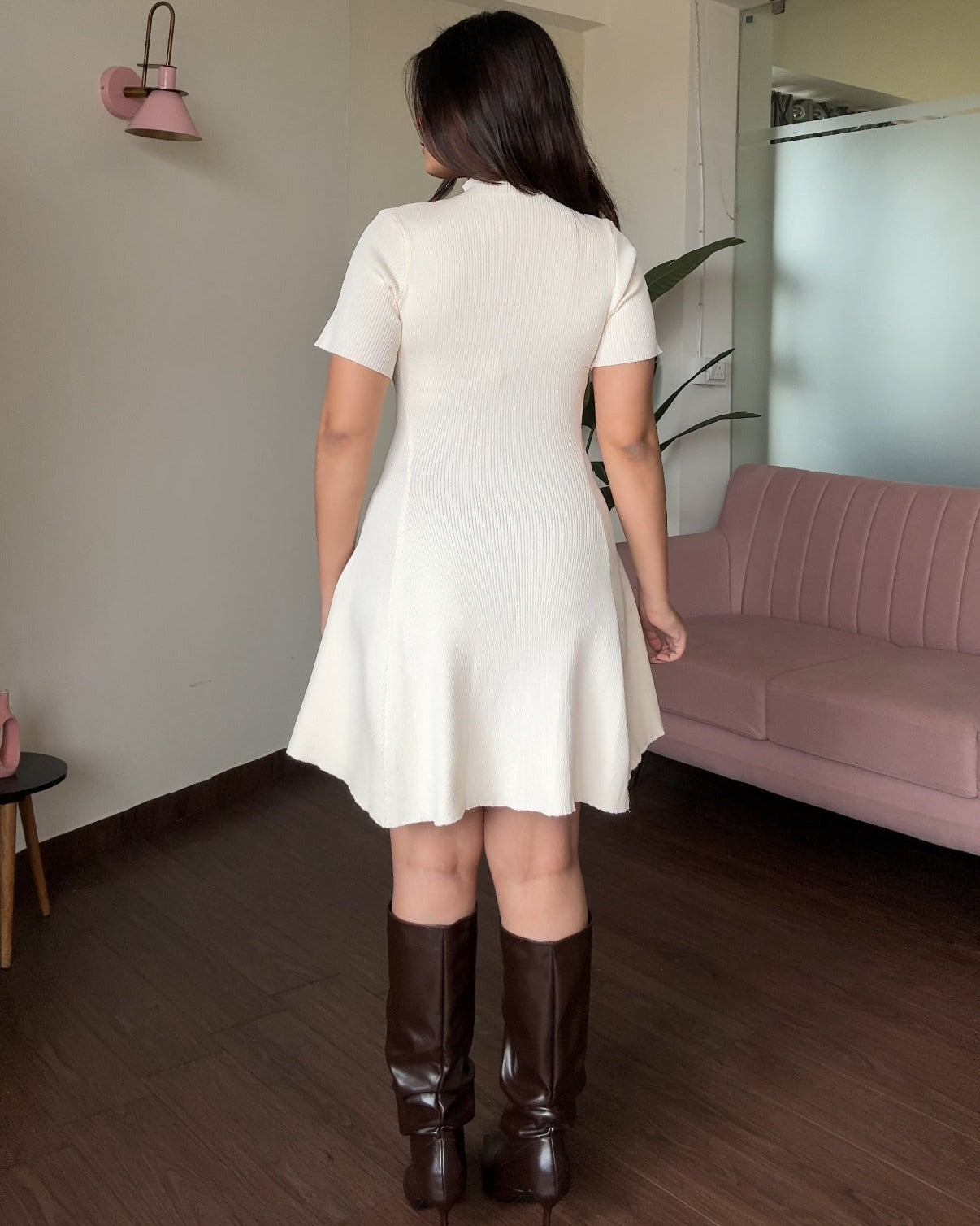 High-Neck Ribbed Knitted Flared Mini Dress