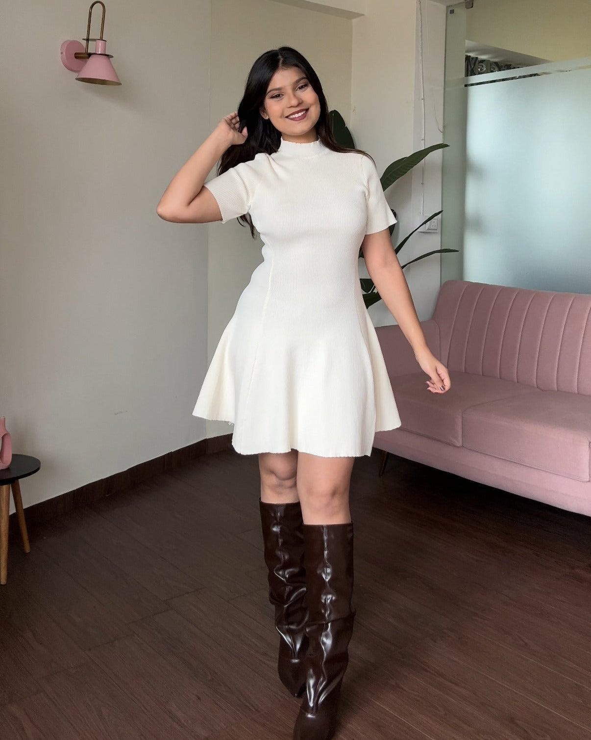 High-Neck Ribbed Knitted Flared Mini Dress