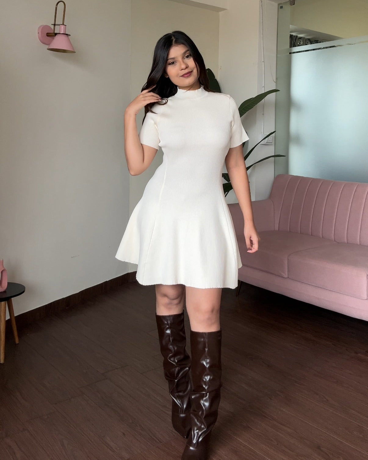 High-Neck Ribbed Knitted Flared Mini Dress