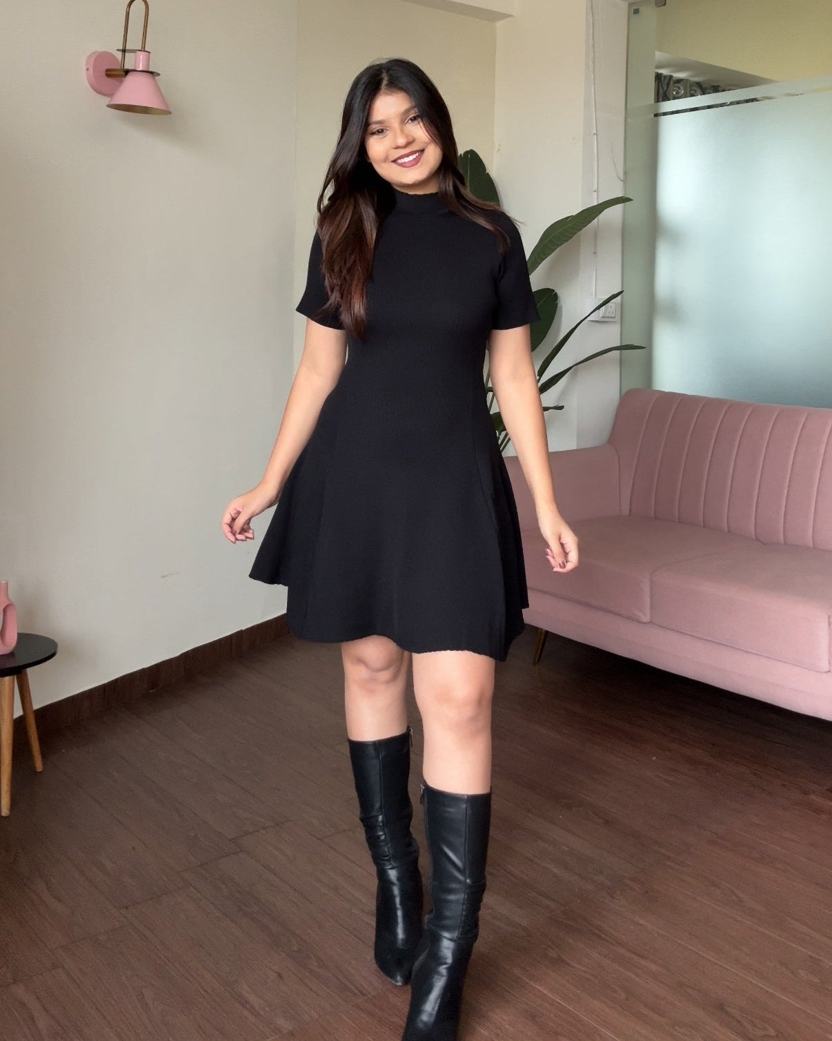 High-Neck Ribbed Knitted Flared Mini Dress