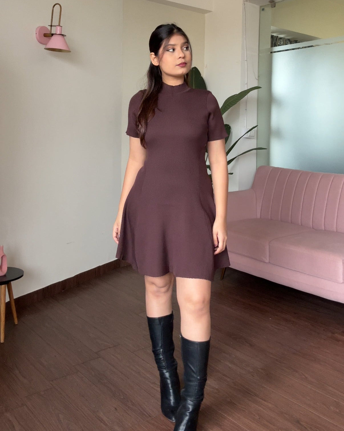 High-Neck Ribbed Knitted Flared Mini Dress