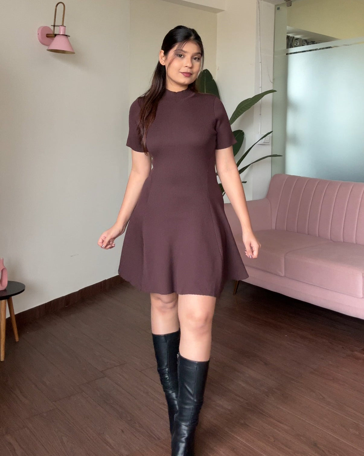 High-Neck Ribbed Knitted Flared Mini Dress