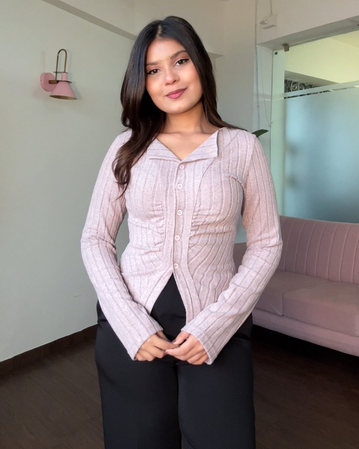 Lavender Fitted Ruched Button-Up Top