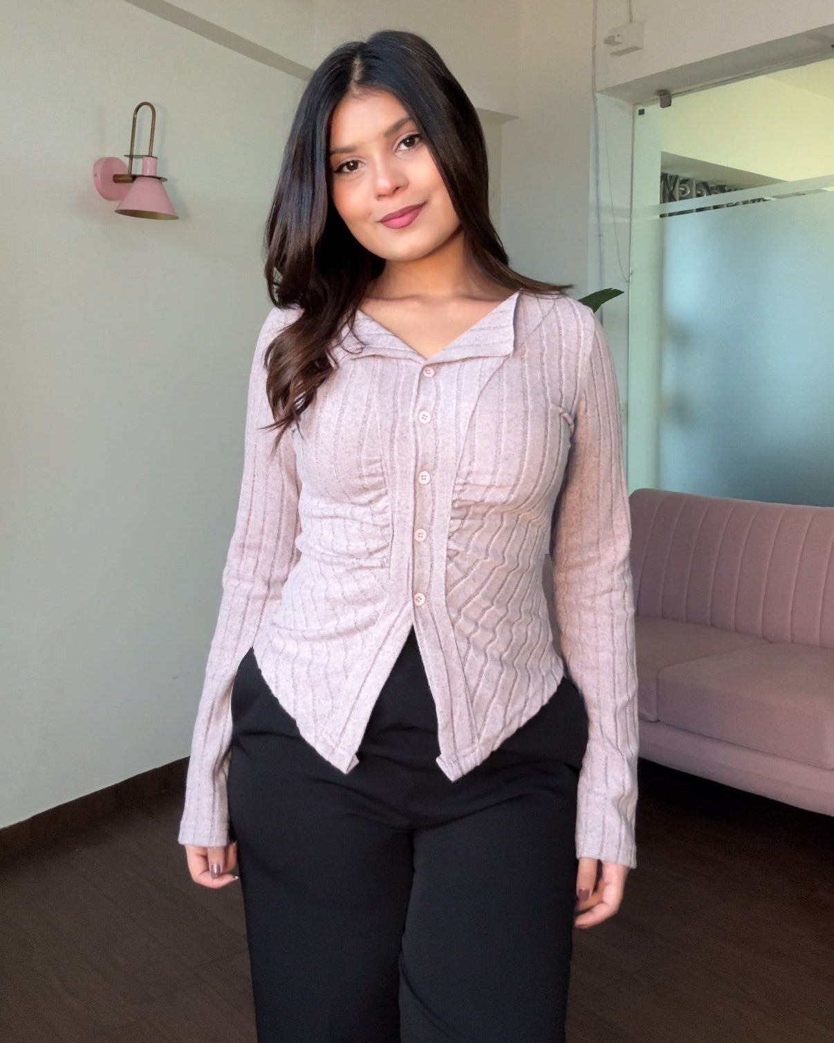 Lavender Fitted Ruched Button-Up Top