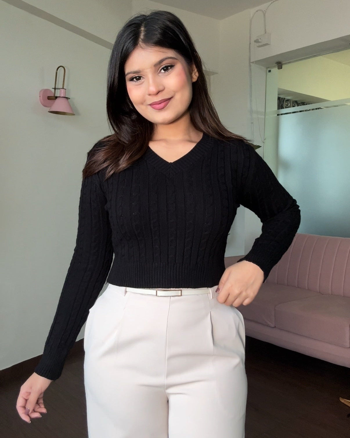 V-Neck Textured Detailing Full Sleeve Fitted Top