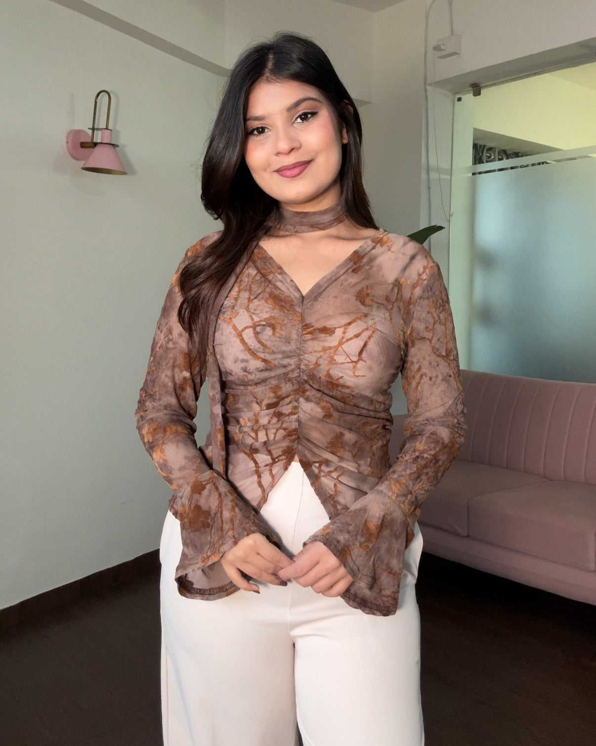 Mesh Ruched V-Hem Top With Scarf