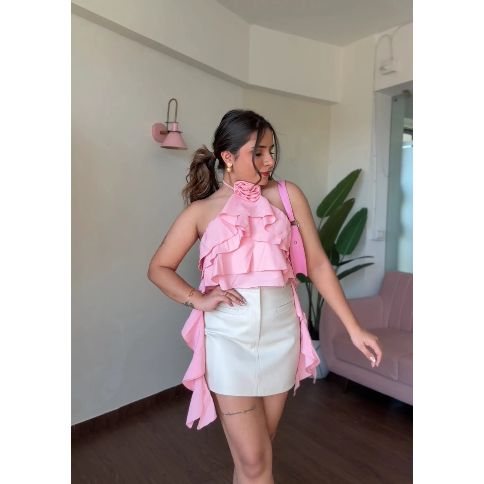 Ruffle Halter Neck Rose Detail Top