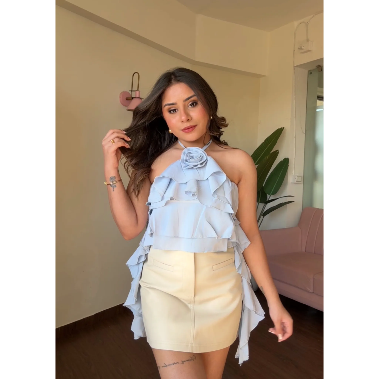 Ruffle Halter Neck Rose Detail Top