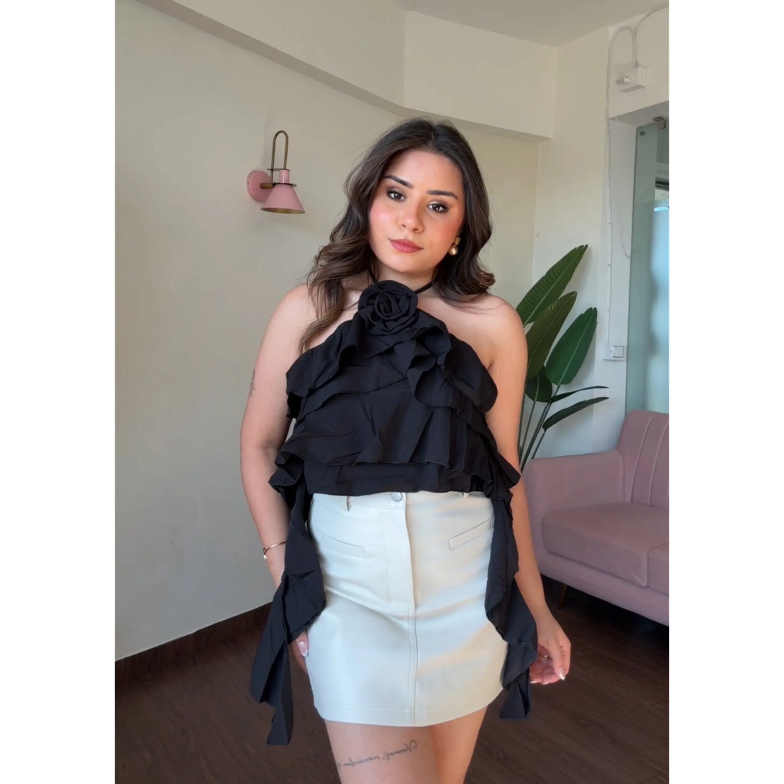 Ruffle Halter Neck Rose Detail Top