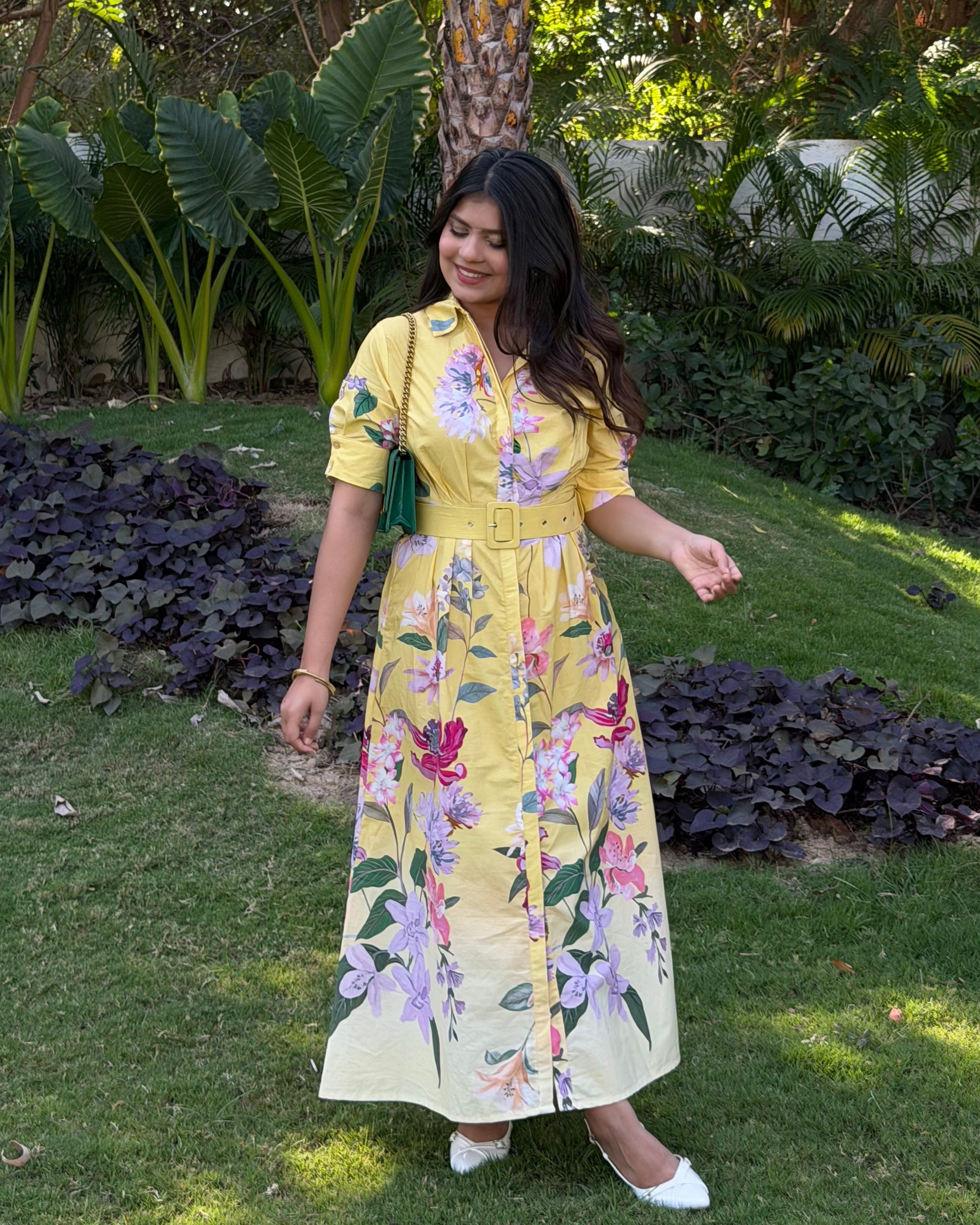Yellow Floral Detailing Shirt Dress