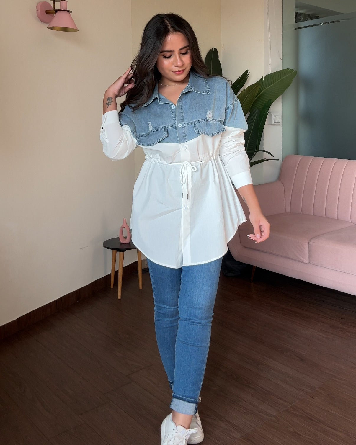 Denim Detailing Waist Adjustable Button-Up Shirt