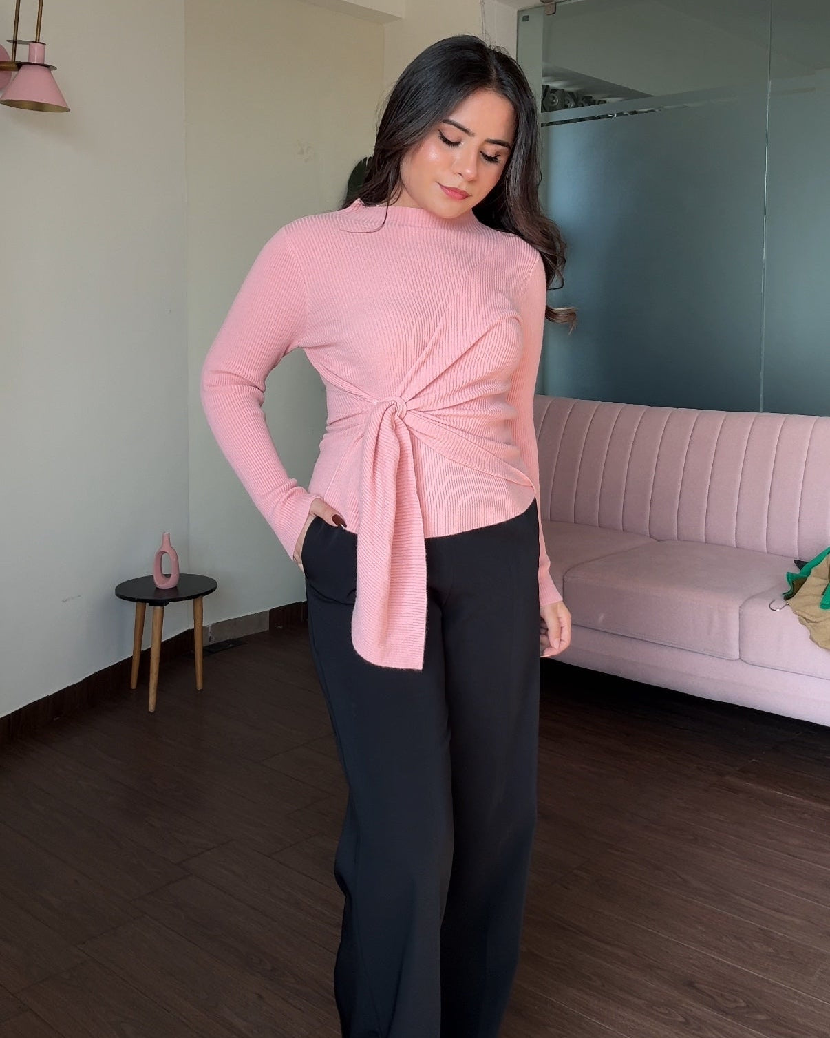 High Neck Wrap Up Ribbed Knitted Top