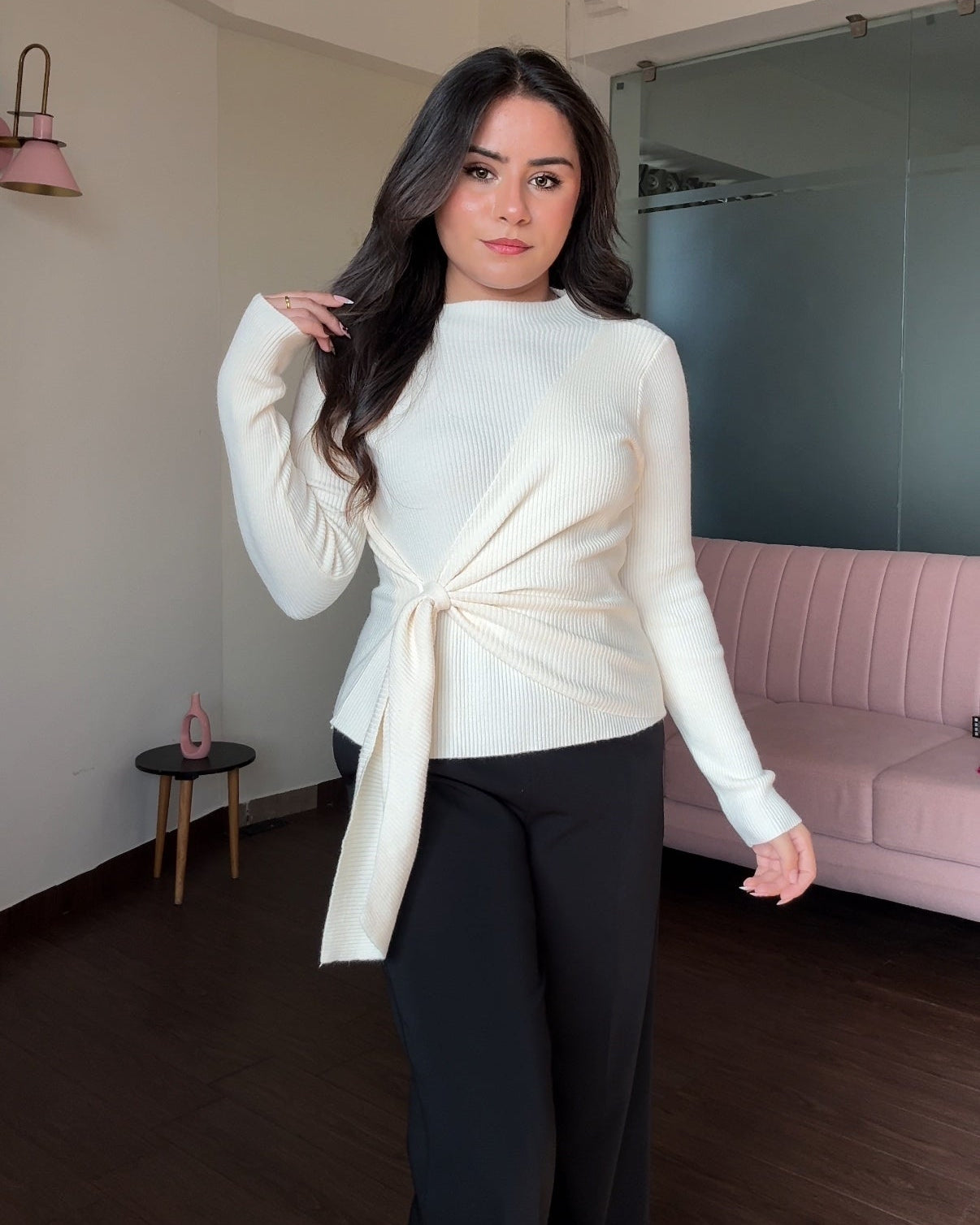 High Neck Wrap Up Ribbed Knitted Top