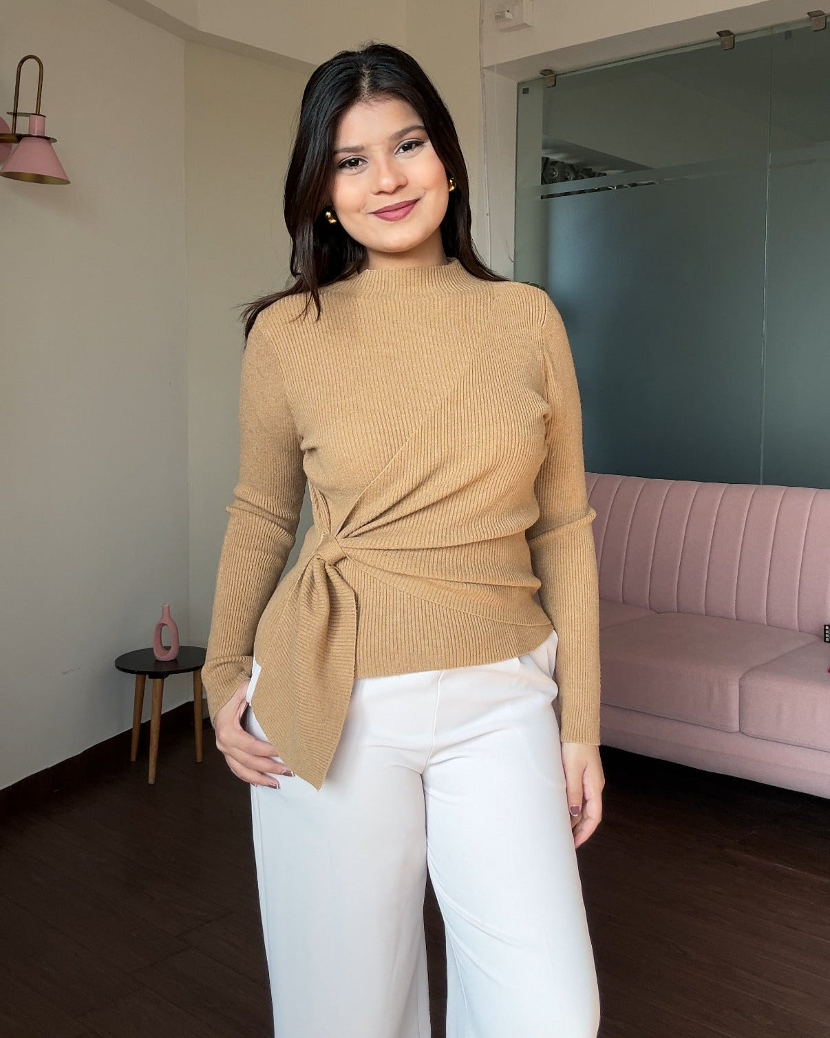 High Neck Wrap Up Ribbed Knitted Top