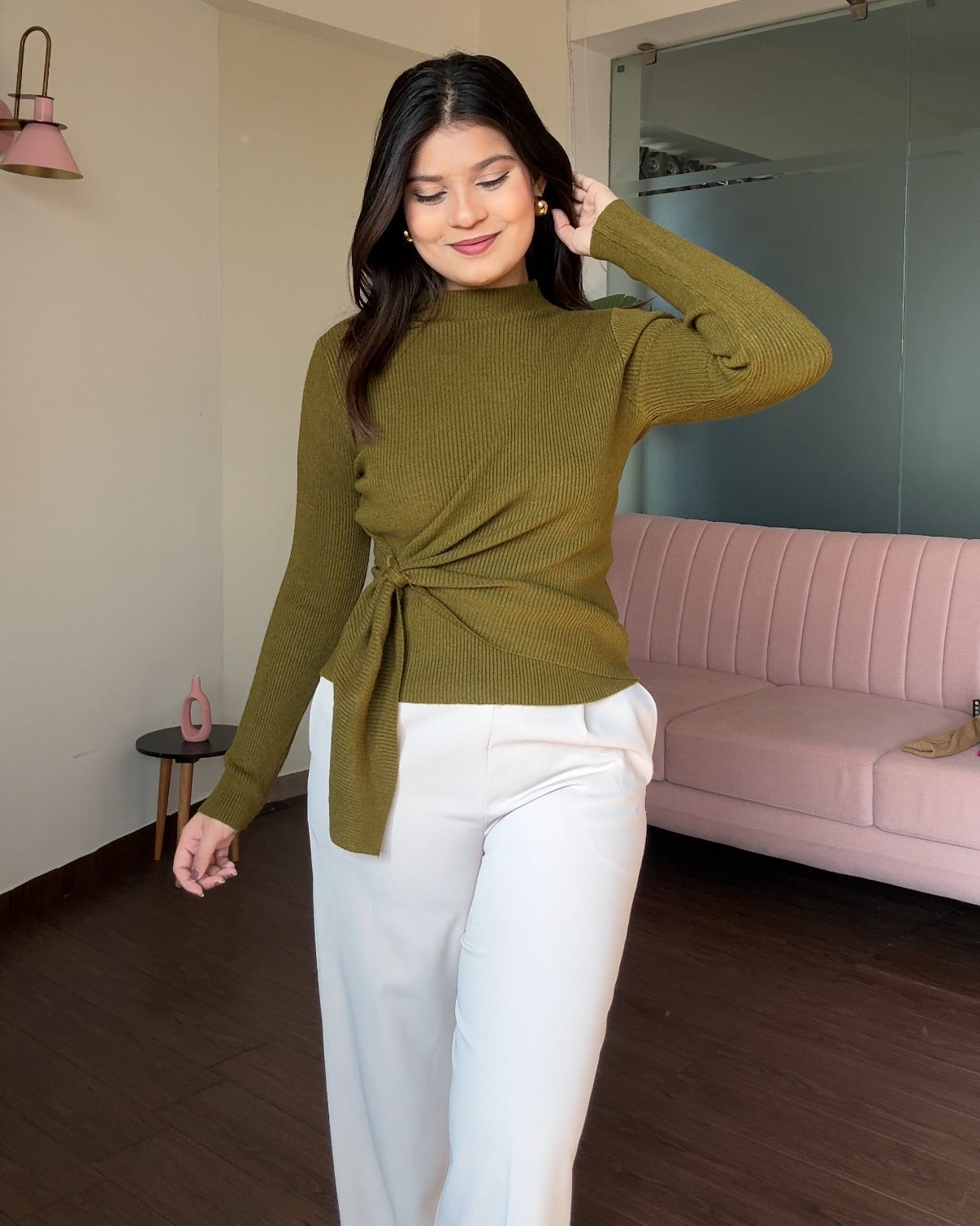 High Neck Wrap Up Ribbed Knitted Top