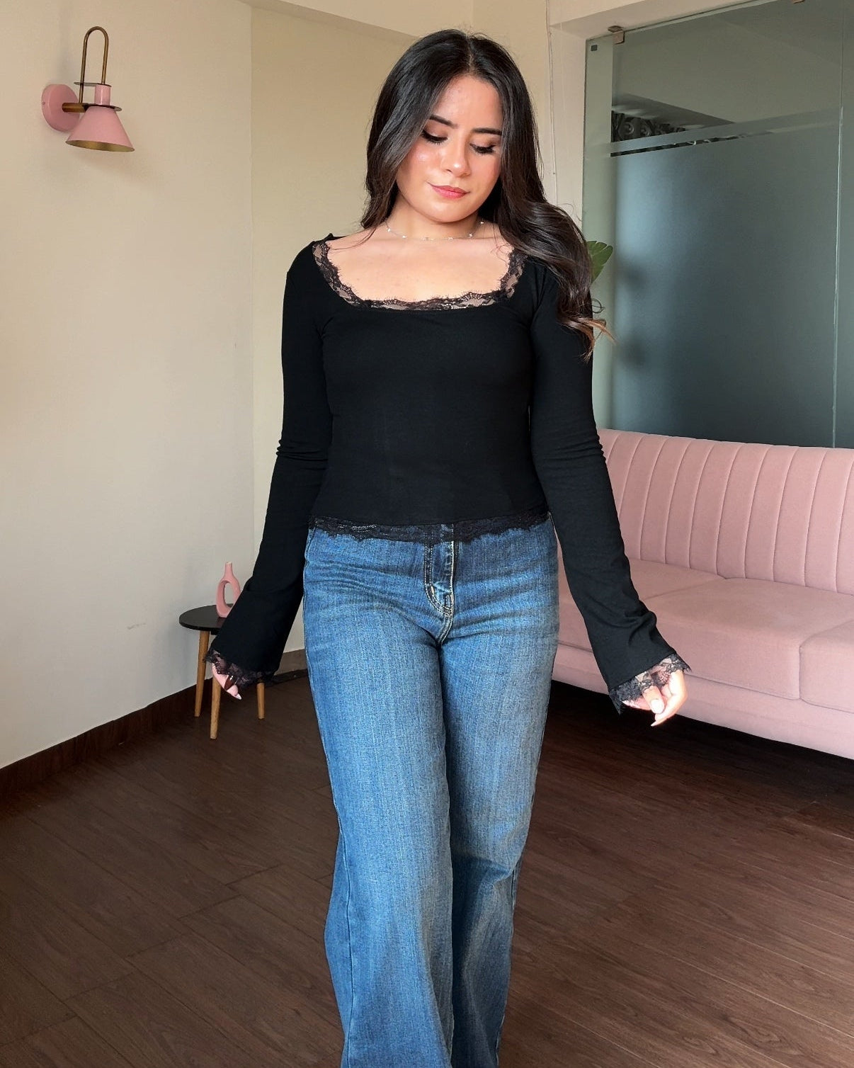 Lace Hem Detailing Bell Sleeves Square Neck Top