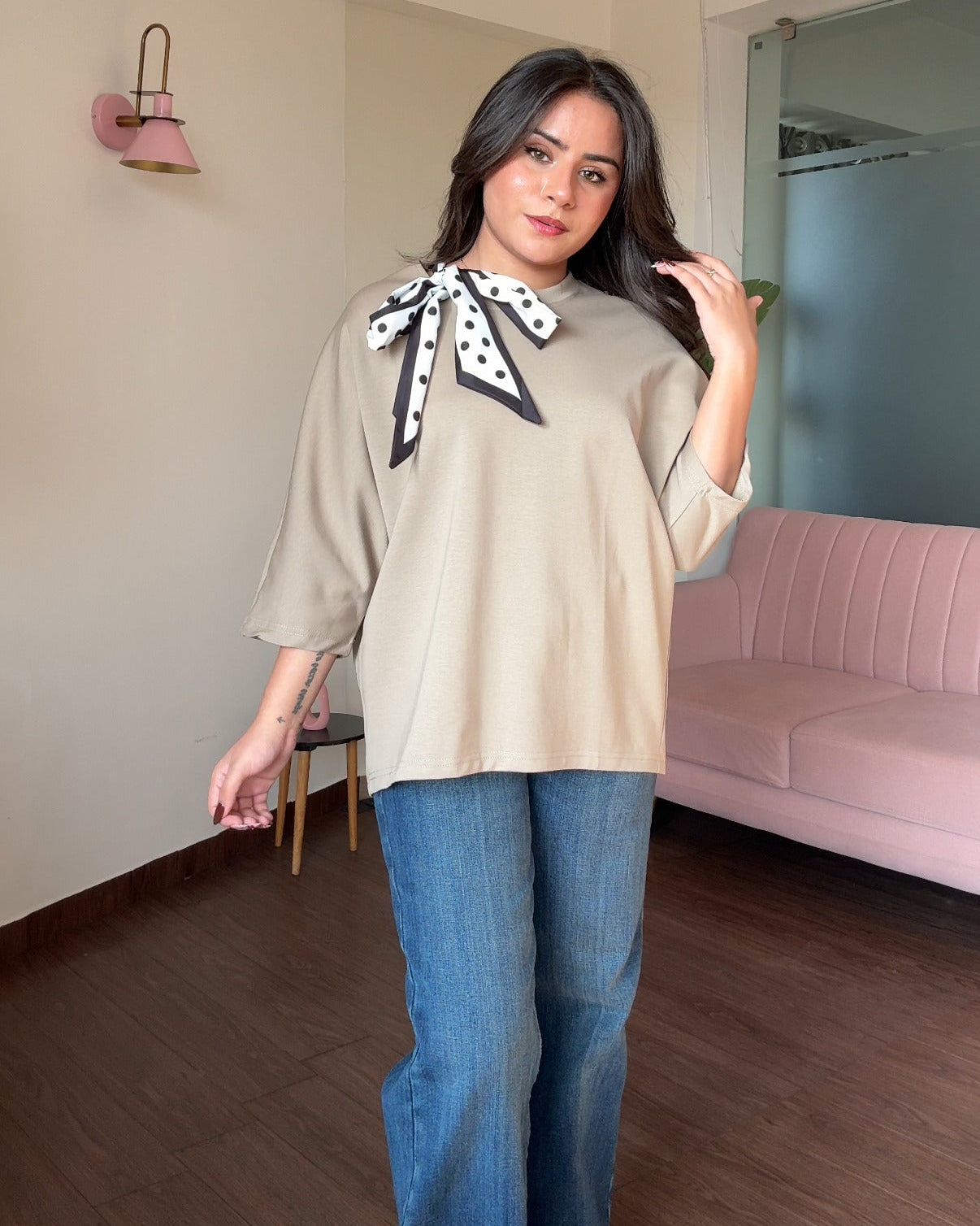Round Neck Bow Detailing Oversized Tee
