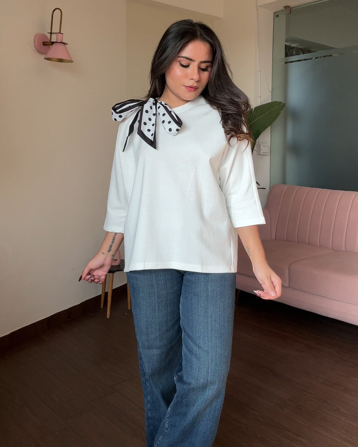 Round Neck Bow Detailing Oversized Tee