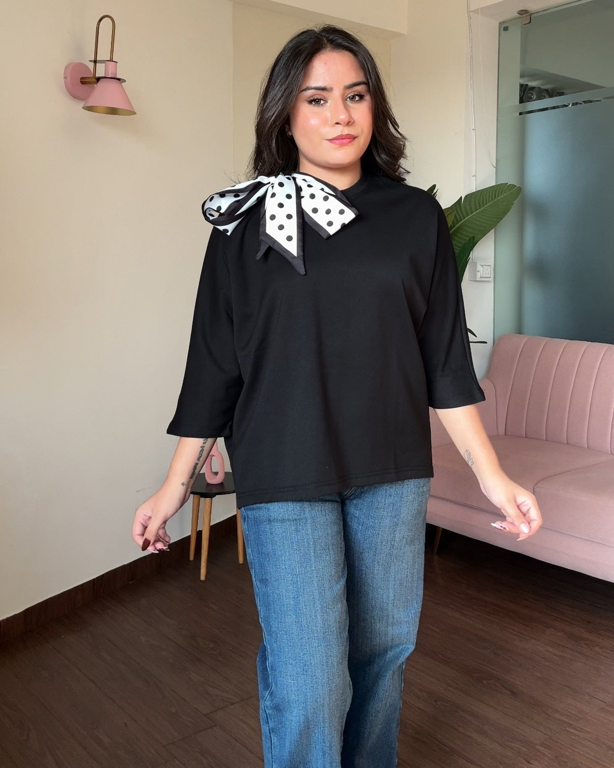 Round Neck Bow Detailing Oversized Tee