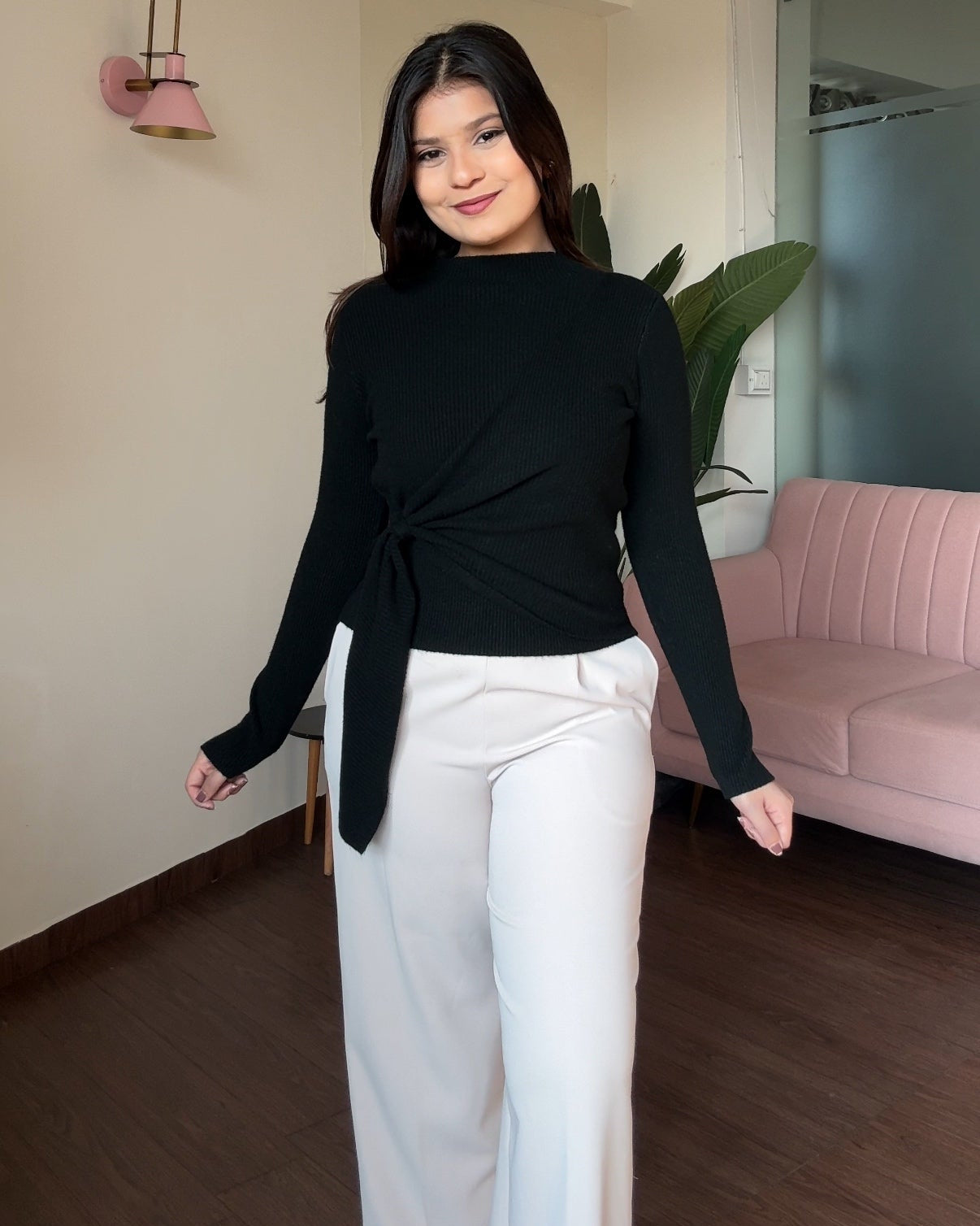 High Neck Wrap Up Ribbed Knitted Top