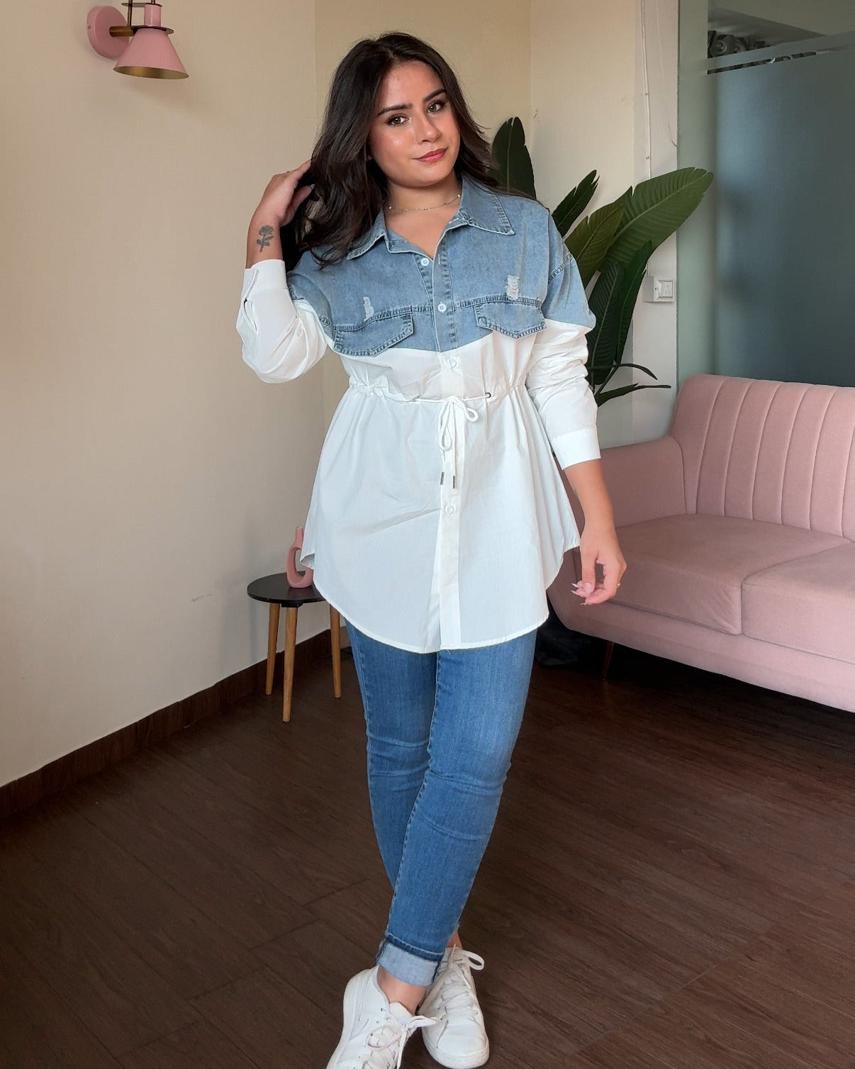 Denim Detailing Waist Adjustable Button-Up Shirt