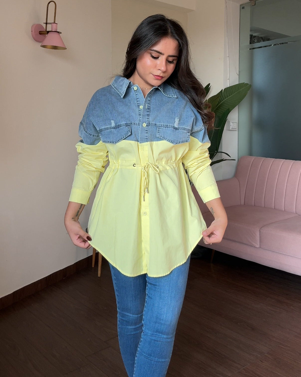 Denim Detailing Waist Adjustable Button-Up Shirt