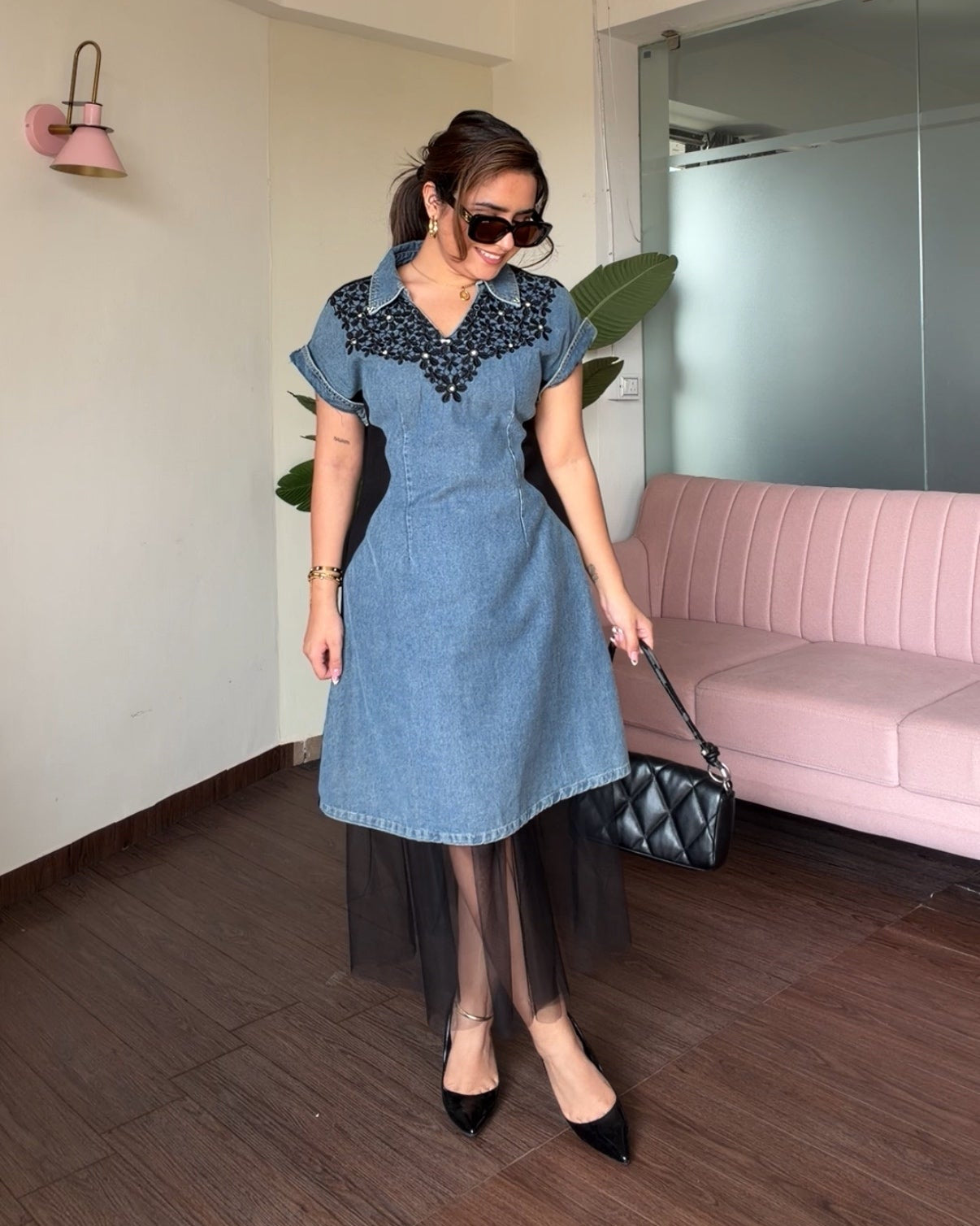 Denim Embellished Contrast Detailing Two Way Dress