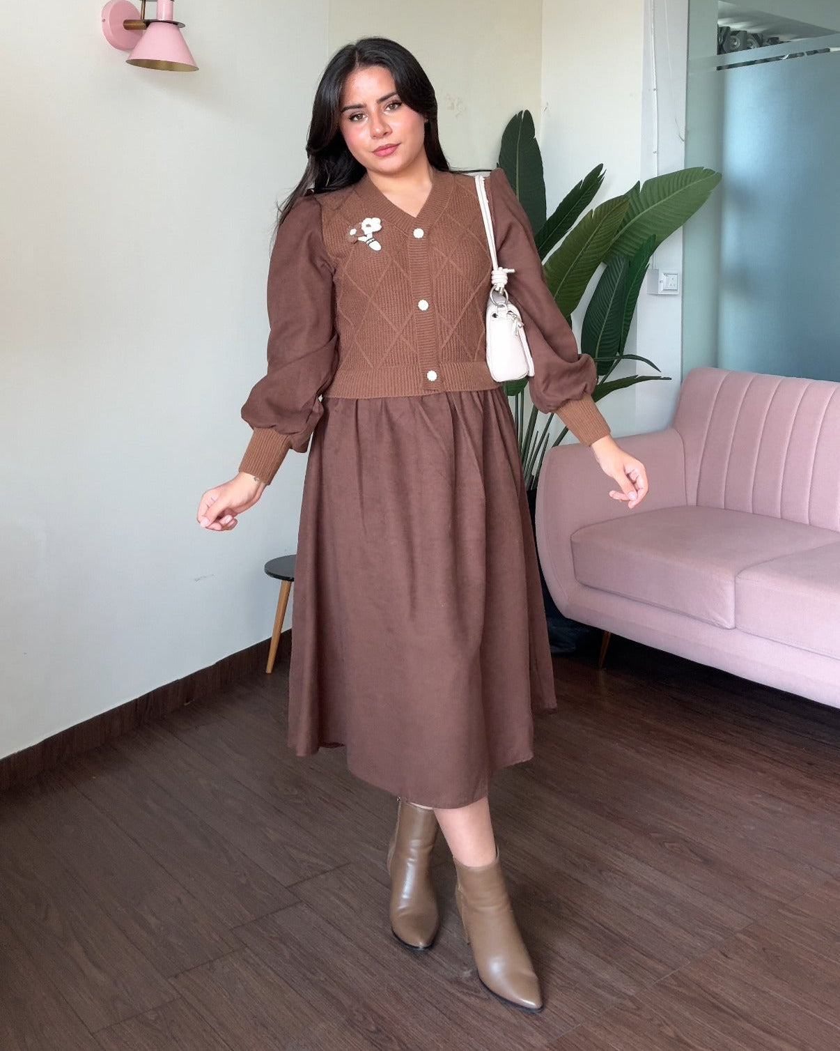 Flower-Detailing Vest-Style Flared Winter Dress