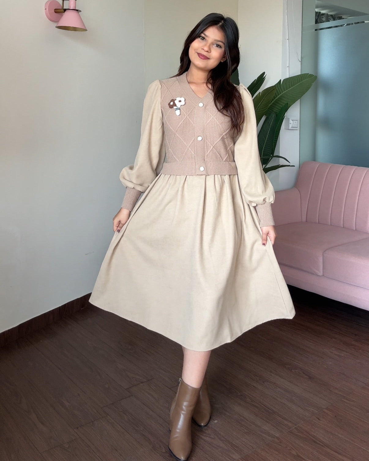 Flower-Detailing Vest-Style Flared Winter Dress