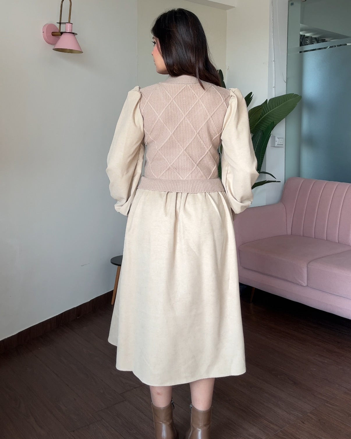 Flower-Detailing Vest-Style Flared Winter Dress