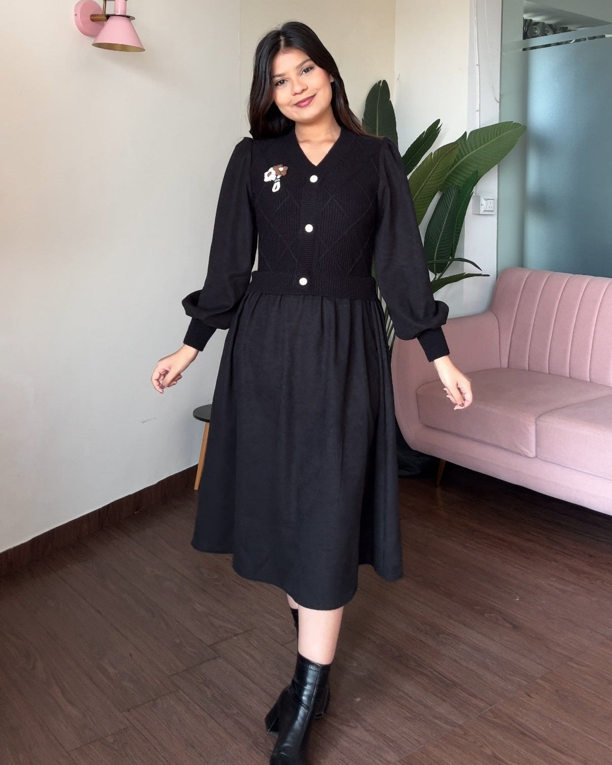 Flower-Detailing Vest-Style Flared Winter Dress