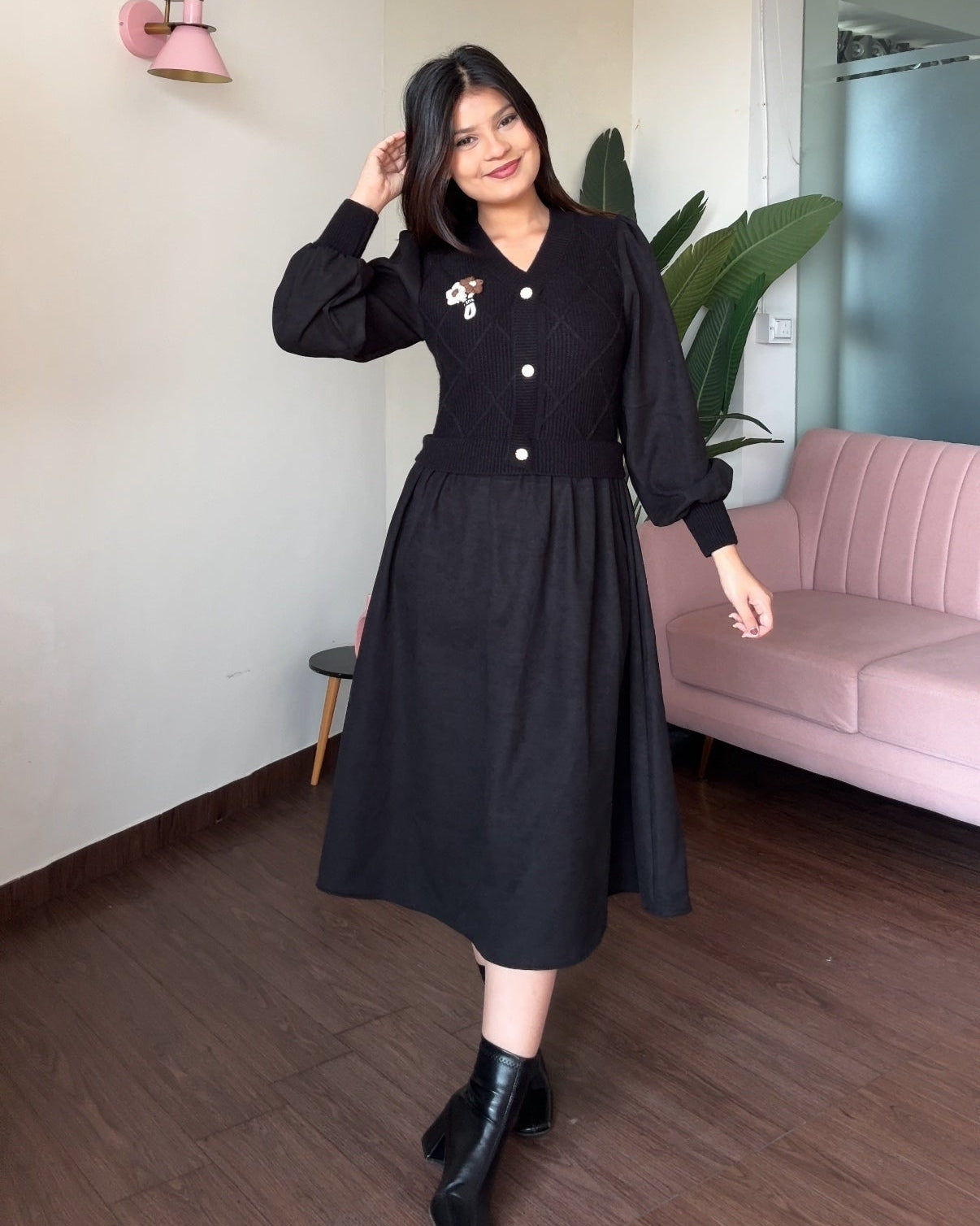 Flower-Detailing Vest-Style Flared Winter Dress