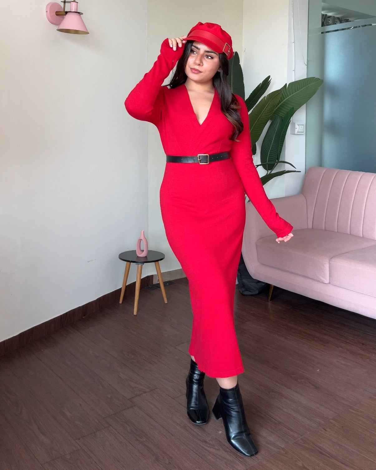 V Neck Woollen Bodycon Midi Sweater Dress