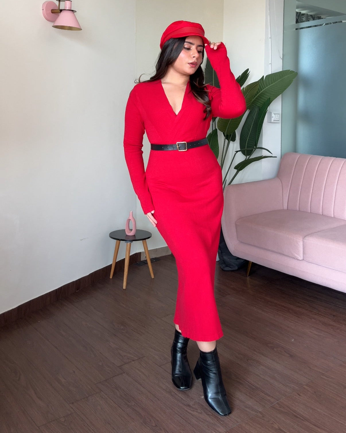 V-Neck Woollen Bodycon Midi Sweater Dress