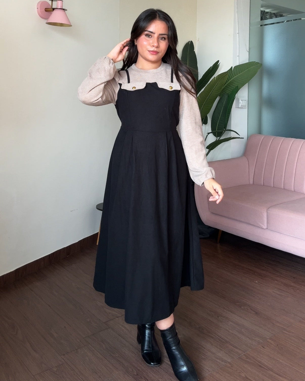 Dual-Tone Flared Sweater Midi Dress