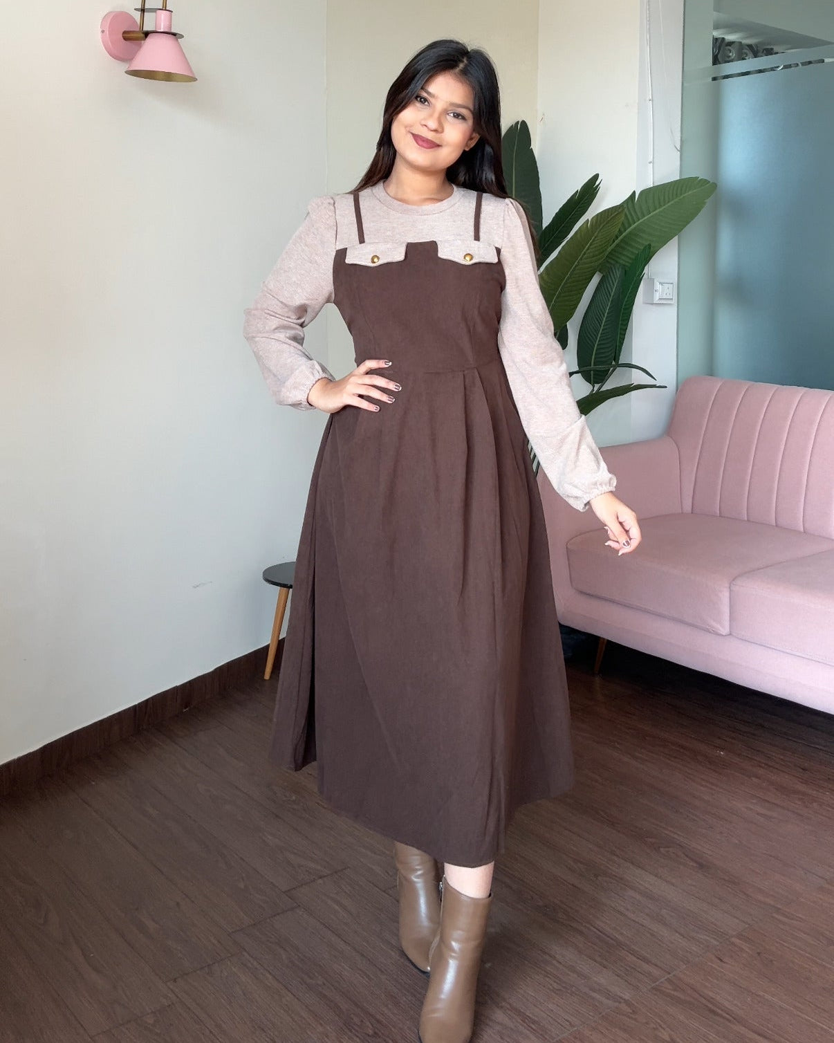 Dual-Tone Flared Sweater Midi Dress