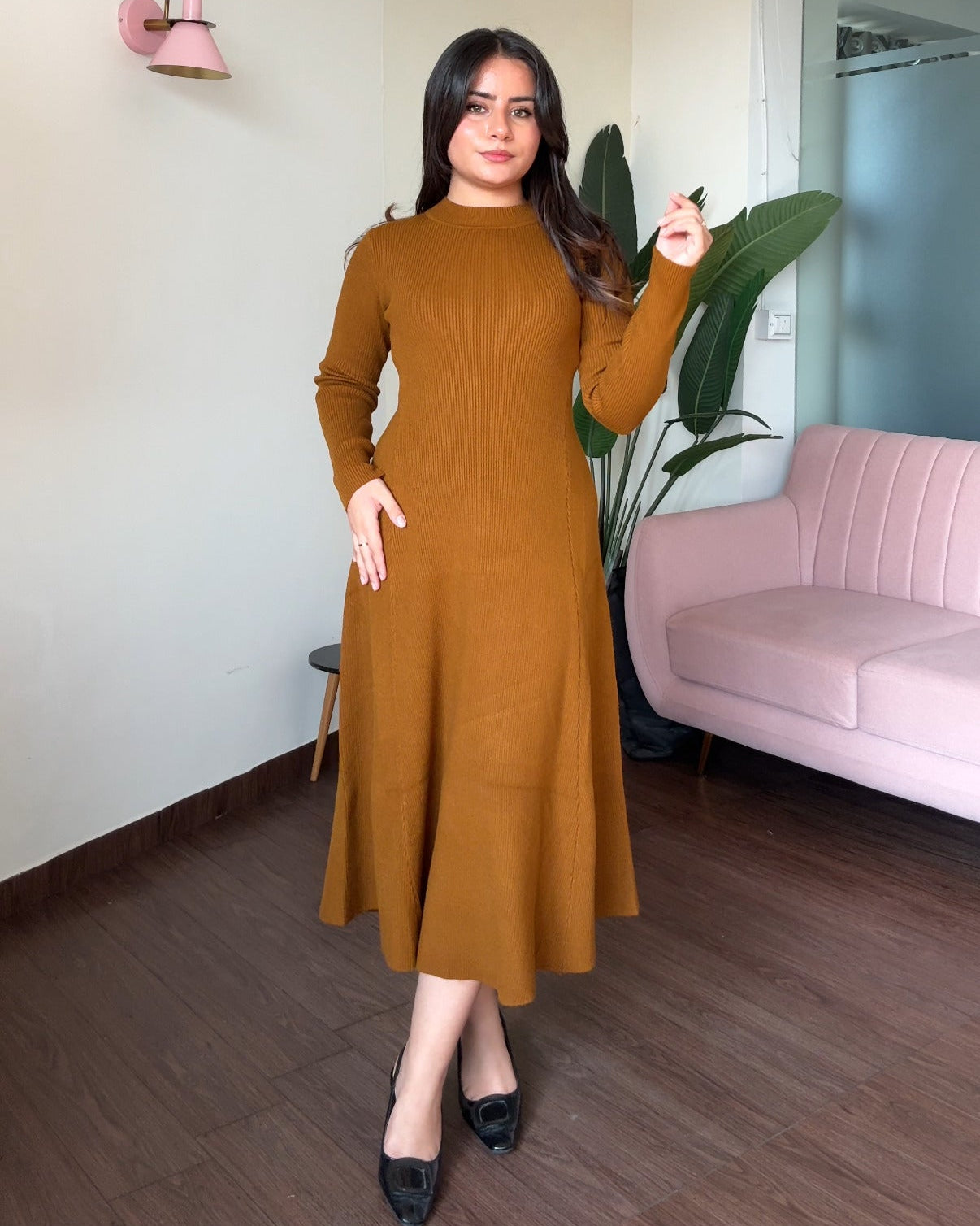 Knitted Heavy Fit And Flared Midi Sweater Dress