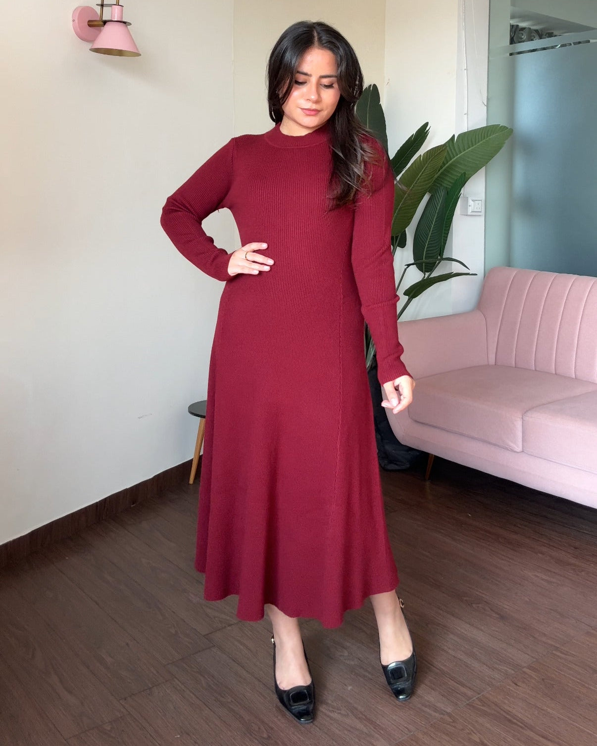 Knitted Heavy Fit And Flared Midi Sweater Dress