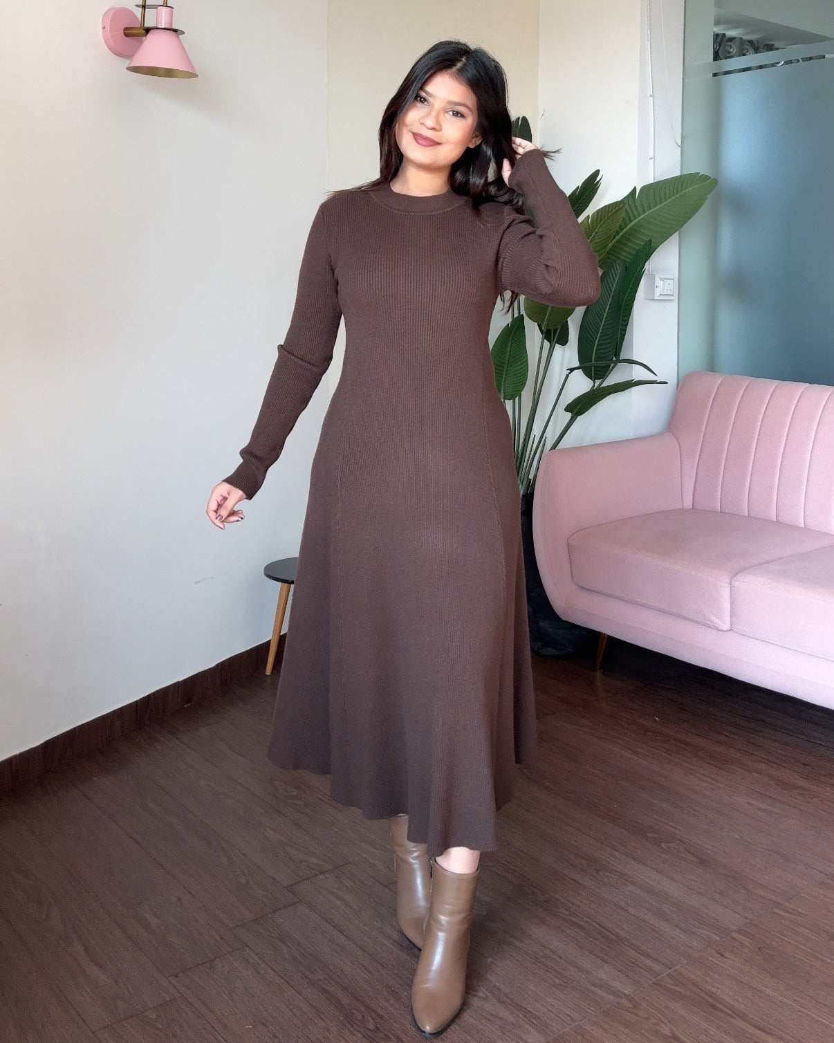 Knitted Heavy Fit And Flared Midi Sweater Dress